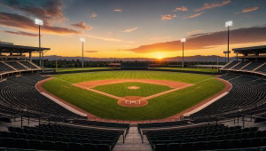 Empty baseball stadium at sunset with the lights on and mountains beyond the outfield wall