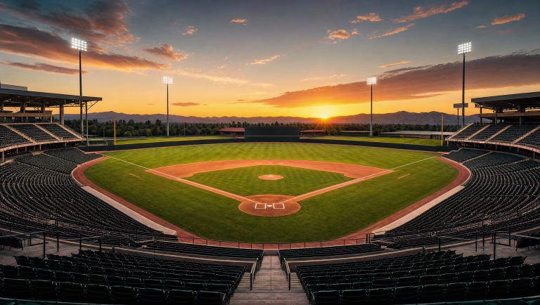 Empty baseball stadium at sunset with the lights on and mountains beyond the outfield wall