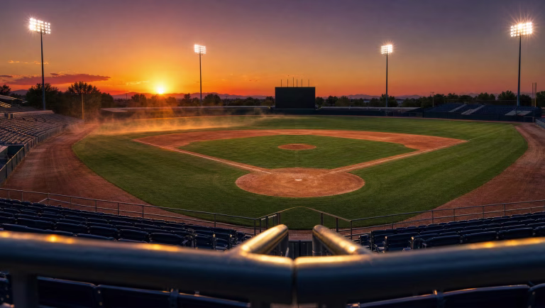 Empty baseball stadium at sunset with heat haze rising off the infield and the stadium lights on