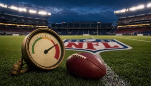 Brass pressure gauge with its needle in the red zone beside a football, NFL shield logo painted on stadium turf at dusk