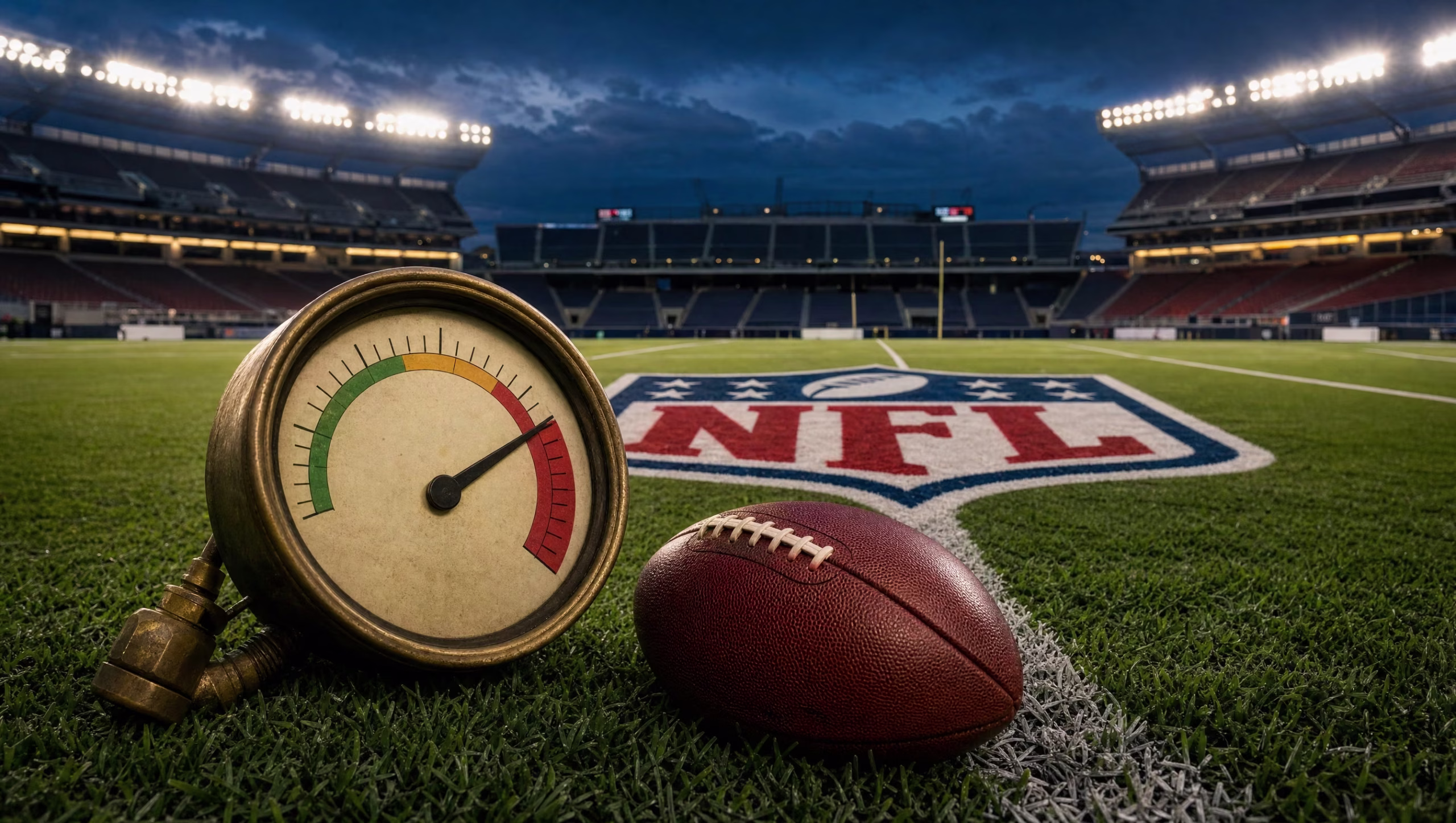 Brass pressure gauge with its needle in the red zone beside a football, NFL shield logo painted on stadium turf at dusk