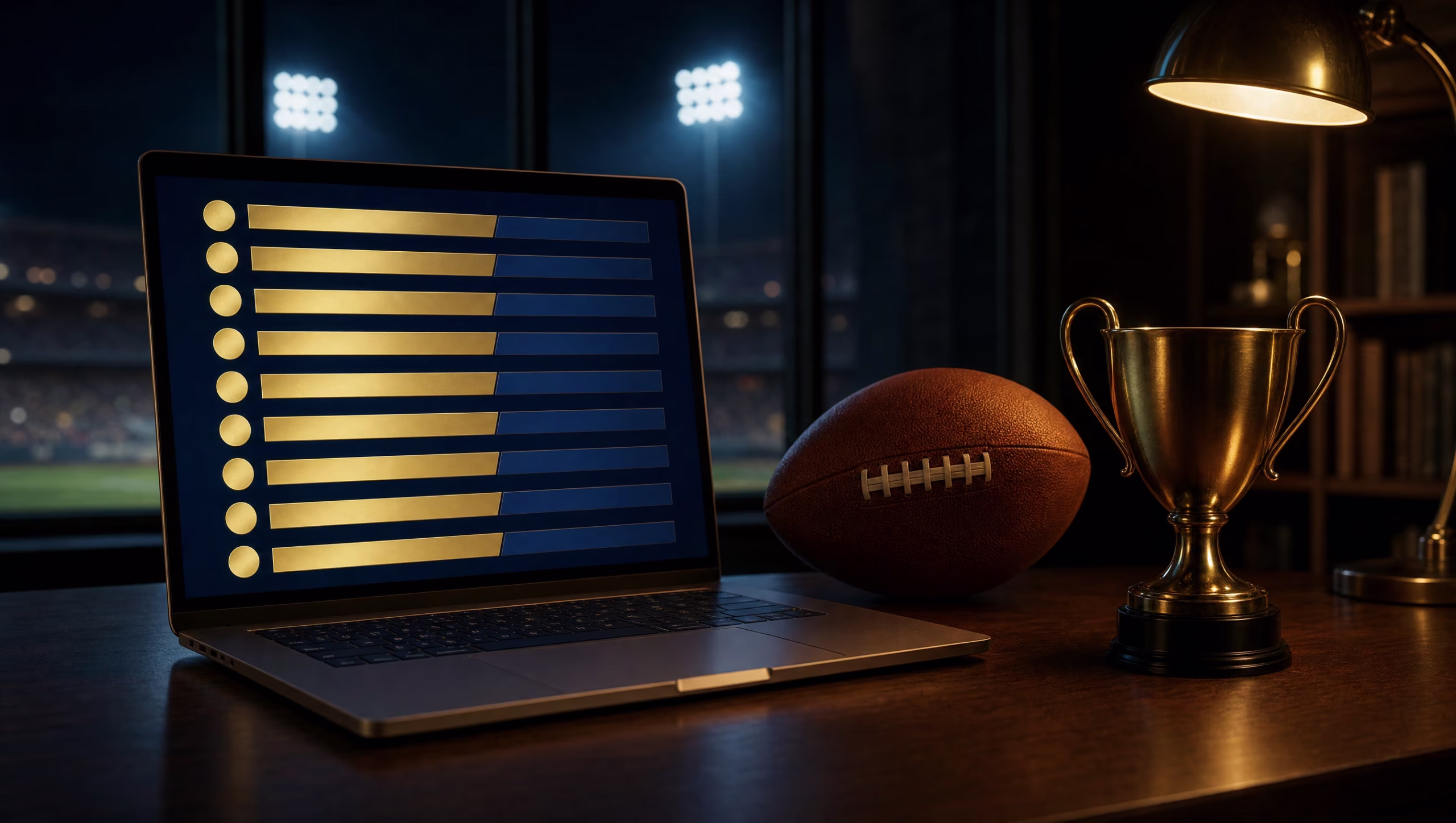 Laptop showing a nine-row fantasy football lineup grid beside a football and a gold cup trophy at night