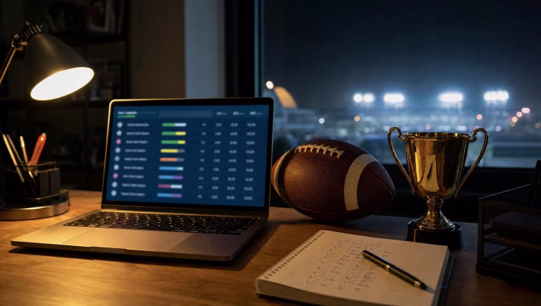 Laptop showing a fantasy lineup grid beside a football, a gold trophy cup and a notepad on a desk at night