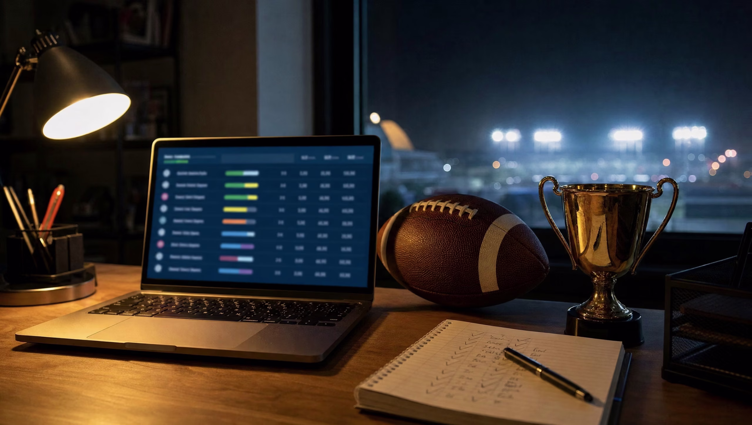 Laptop showing a fantasy lineup grid beside a football, a gold trophy cup and a notepad on a desk at night