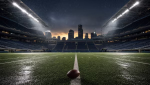 Empty football stadium at dusk under floodlights with a football resting on wet turf