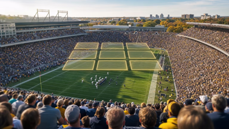 Packed open-air football stadium on a sunny afternoon with a glowing grid of nine gold rectangles above the field