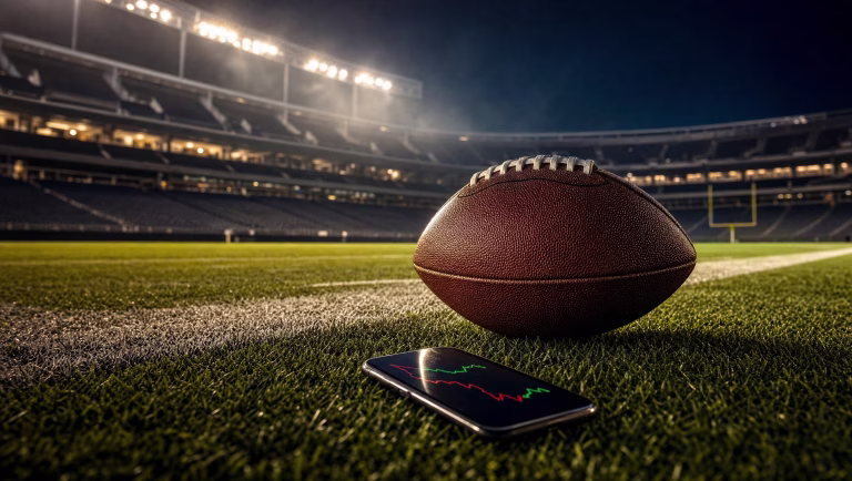 Football on stadium turf under floodlights beside a smartphone showing red and green line charts