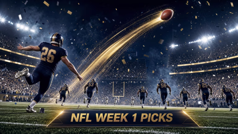 Football in flight over a packed NFL stadium at night with an NFL Week 1 Picks banner