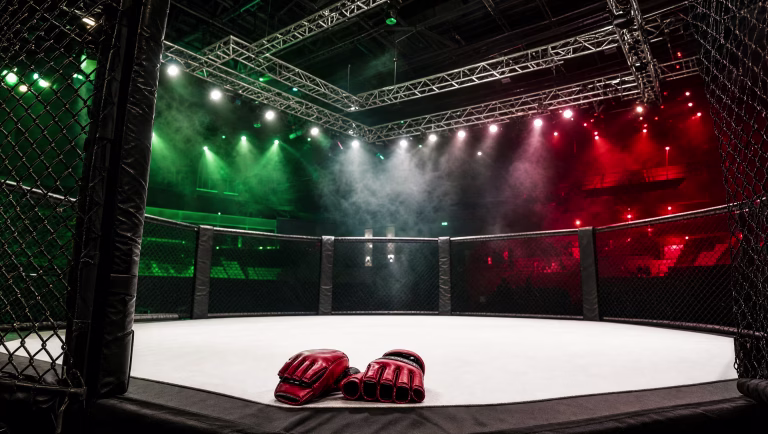 Red MMA gloves resting on an empty cage canvas under arena lights washed in green, white and red