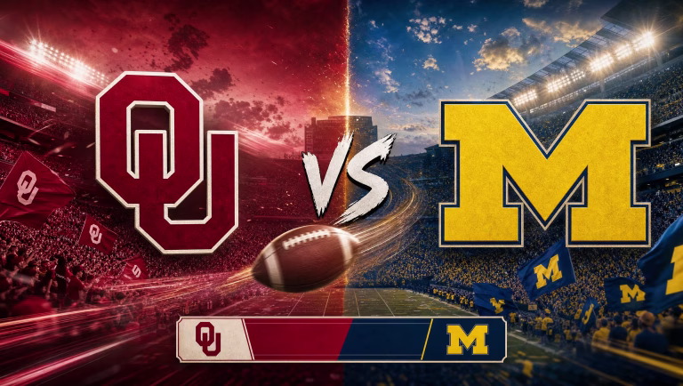 Oklahoma Sooners and Michigan Wolverines logos split by a VS graphic above a packed college football stadium