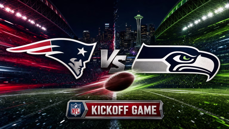 Patriots vs. Seahawks NFL Kickoff Game matchup graphic with both team logos over a night-lit Lumen Field
