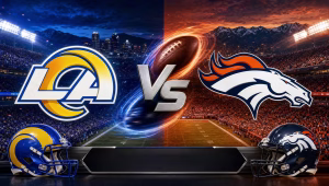 Rams vs. Broncos matchup graphic with both team logos, a VS badge and night stadium lights