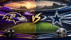 Ravens vs. Cowboys matchup graphic with both team logos, a VS mark and a Rio stadium at sunset