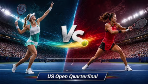 Rybakina vs. Zheng US Open quarterfinal graphic: two tennis players mid-swing on a floodlit blue hard court
