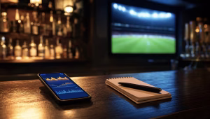 Smartphone showing a glowing blue and amber stats chart on a sports bar counter, stadium broadcast blurred behind