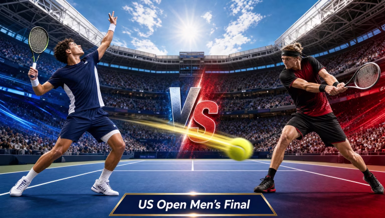 Ben Shelton vs. Alexander Zverev graphic with a server and a backhand hitter split by a VS on a blue US Open court