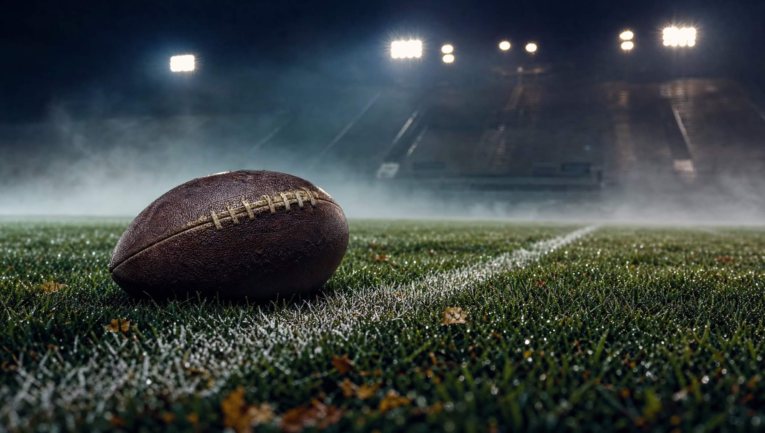Football resting on dewy grass beside a white yard line under stadium lights on a foggy autumn night