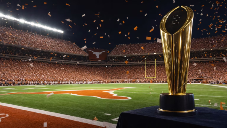 Texas Longhorns logo at midfield and on the video board of a packed night stadium, with a gold trophy in the foreground