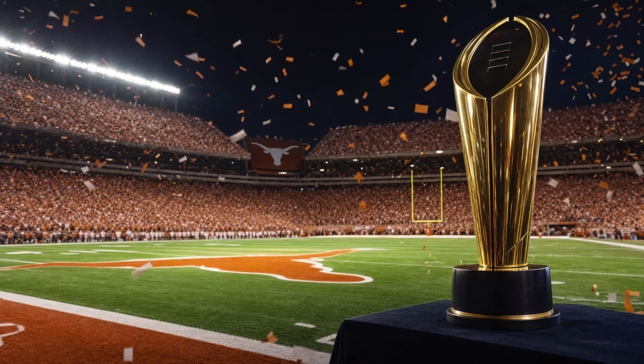 Texas Longhorns logo at midfield and on the video board of a packed night stadium, with a gold trophy in the foreground