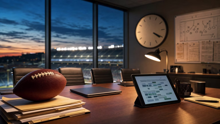 Football on stacked folders in a team war room at dusk, a wall clock near 4 o'clock and a lit stadium outside the window