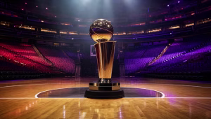 Gold championship basketball trophy at center court of an empty arena lit in red and purple