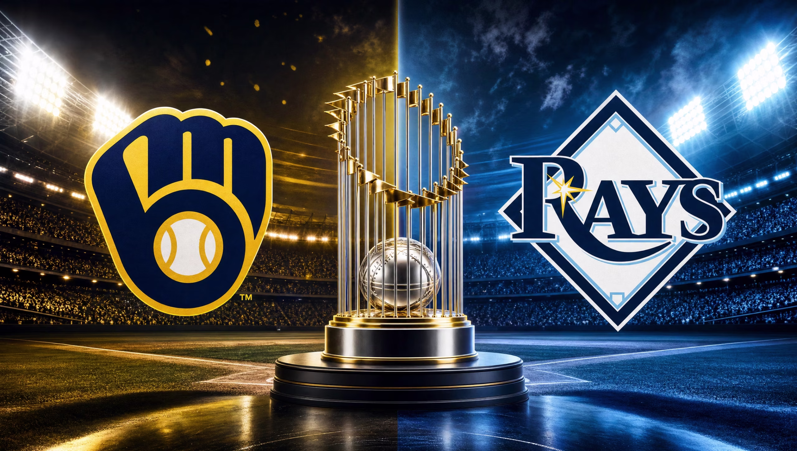 World Series trophy between the Milwaukee Brewers and Tampa Bay Rays logos in a ballpark at night