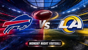 Buffalo Bills vs. Los Angeles Rams logos in a split-screen Monday Night Football stadium graphic