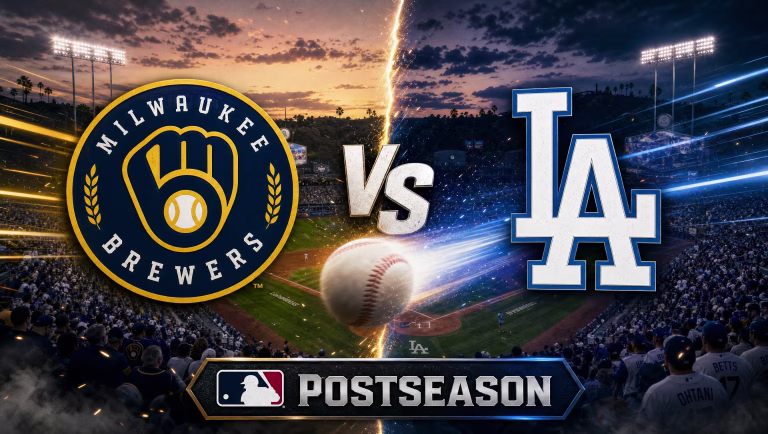 Milwaukee Brewers vs. Los Angeles Dodgers MLB postseason matchup graphic with both team logos