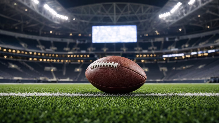 Football resting on a white yard line inside a domed stadium under bright lights