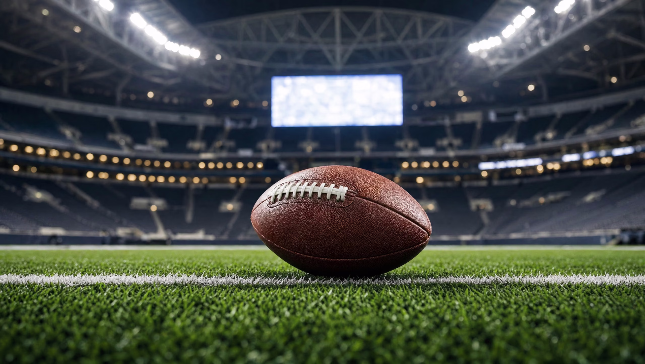 Football resting on a white yard line inside a domed stadium under bright lights