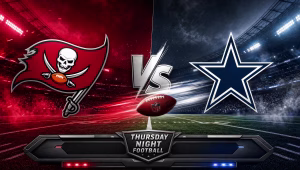 Tampa Bay Buccaneers vs. Dallas Cowboys Thursday Night Football matchup graphic with both team logos