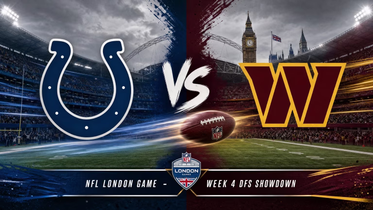 Colts vs. Commanders matchup graphic with both team logos, a football and an NFL London Game banner