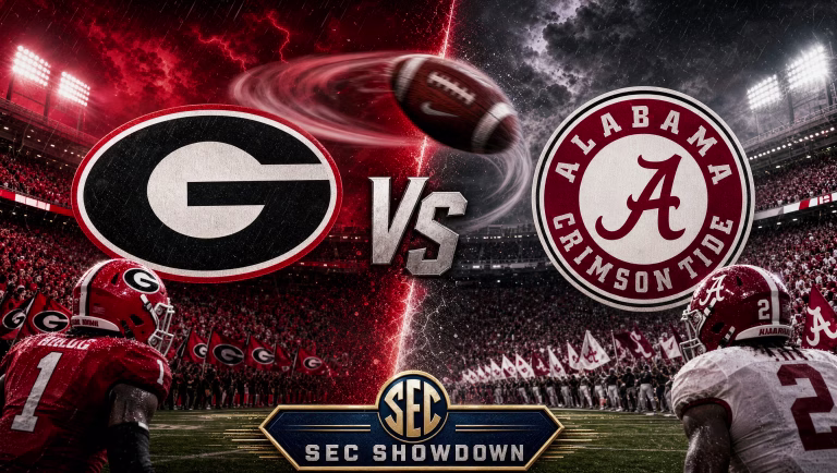 Georgia Bulldogs and Alabama Crimson Tide logos split by a VS graphic over a rainy night stadium with an SEC Showdown banner