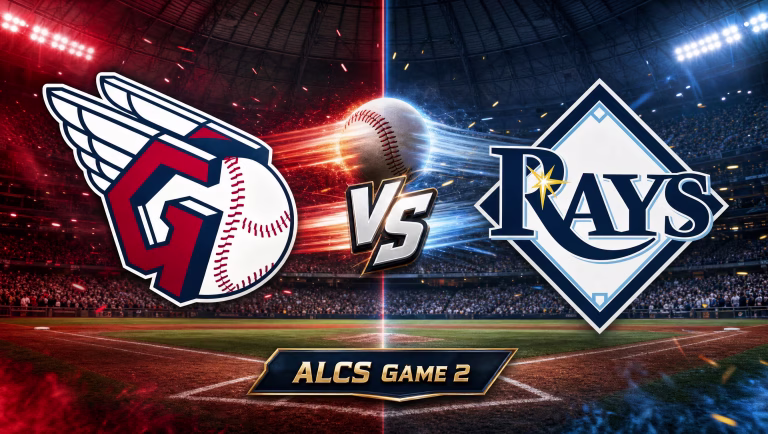 Cleveland Guardians vs. Tampa Bay Rays ALCS Game 2 matchup graphic with both team logos