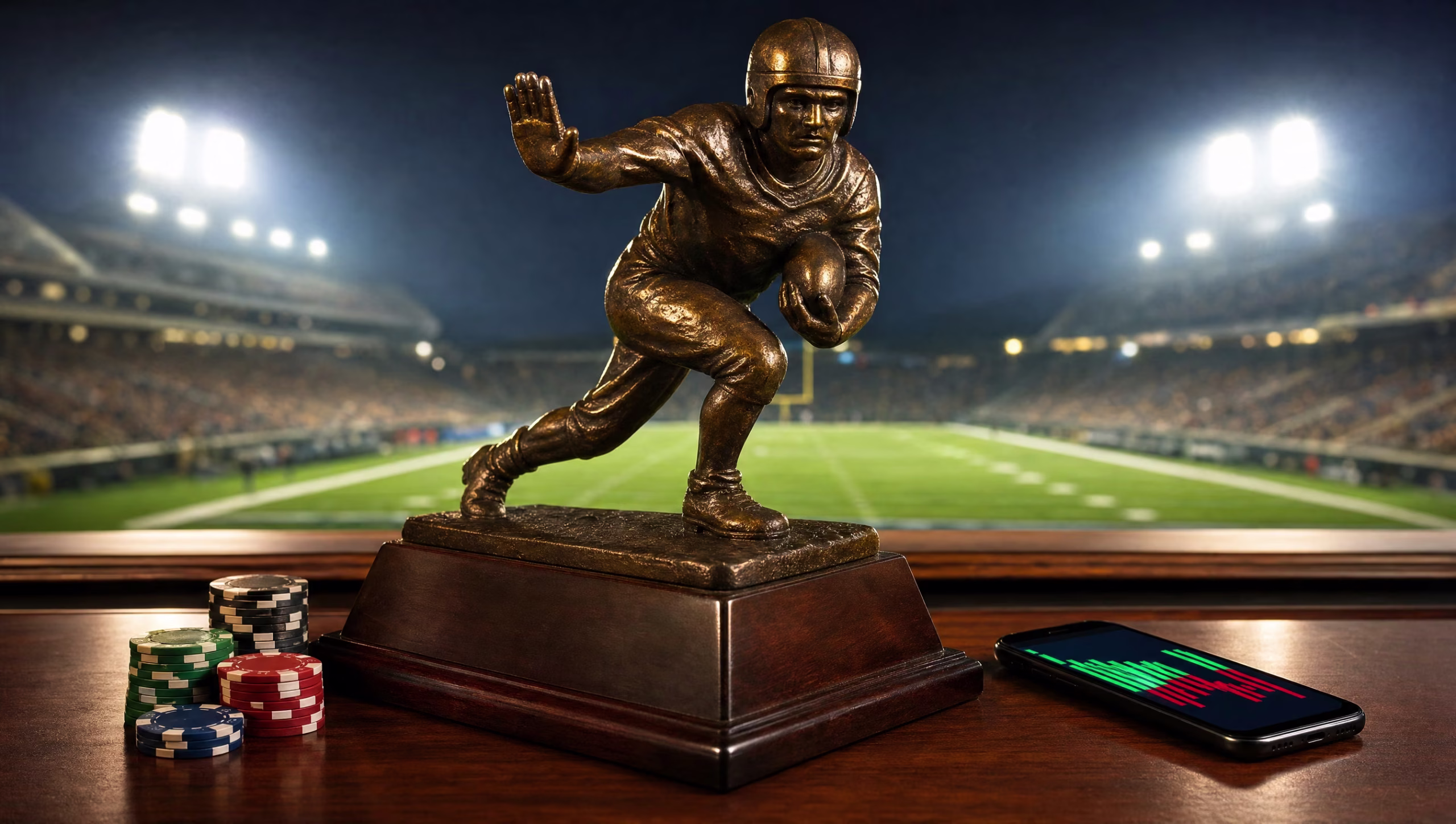 Bronze Heisman Trophy on a wooden desk beside poker chips and a phone with odds charts, a lit football stadium behind