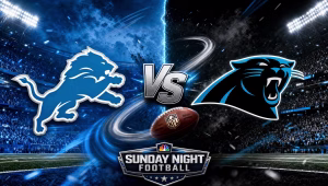 Detroit Lions vs. Carolina Panthers matchup graphic with both team logos under stadium lights