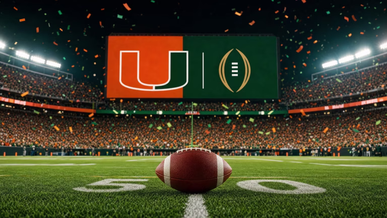Stadium video board showing the Miami Hurricanes U logo and College Football Playoff logo above a football at midfield