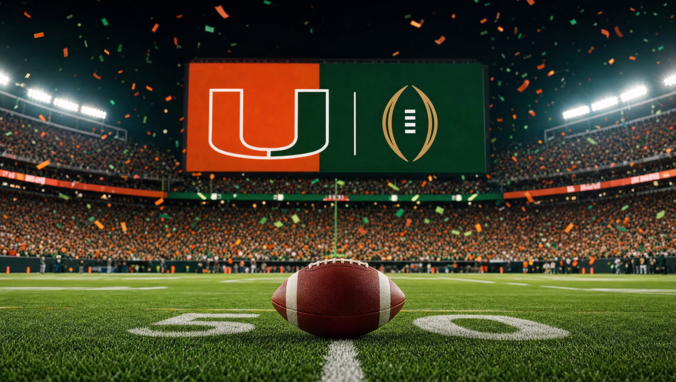 Stadium video board showing the Miami Hurricanes U logo and College Football Playoff logo above a football at midfield