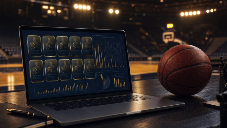 Laptop showing a grid of player cards and bar charts beside a basketball in a dimly lit arena