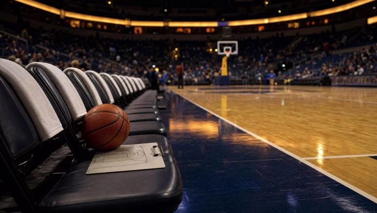 Empty courtside bench chairs with folded towels and a basketball in a dim arena before tipoff