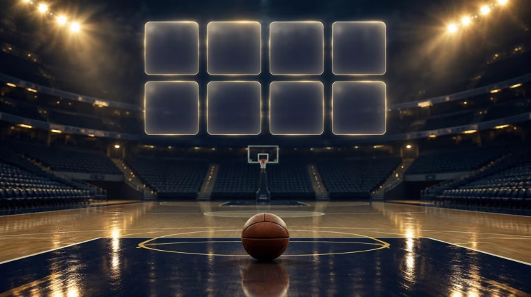 A basketball on an empty arena court under gold spotlights, with eight blank glowing lineup cards floating above the hoop