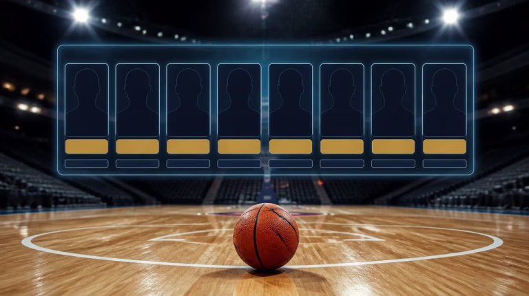 Basketball on an arena court beneath a glowing eight-slot fantasy lineup board in navy and gold