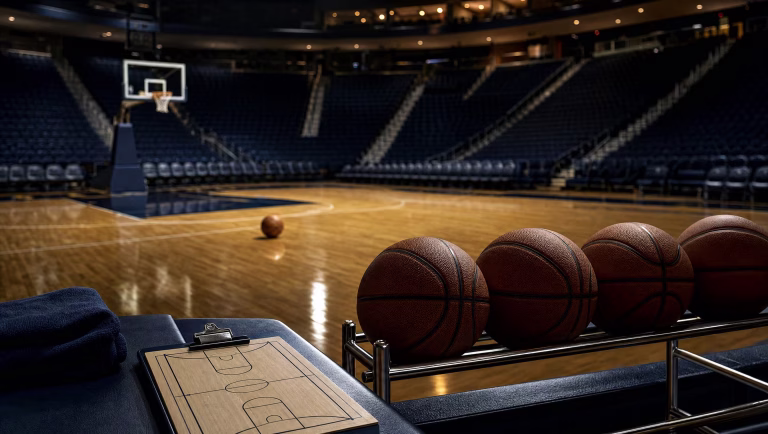 Rack of basketballs and a coach's clipboard courtside in an empty arena with a ball near the free throw line