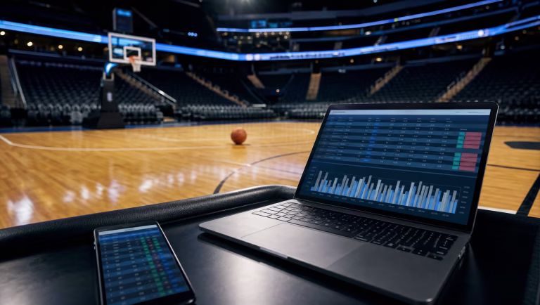 Laptop and phone showing fantasy lineup charts courtside in an empty basketball arena, a ball resting on the hardwood
