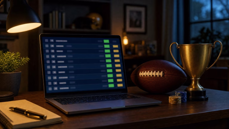 Laptop showing a nine-row fantasy lineup grid beside a football, a gold trophy cup and poker chips on a desk