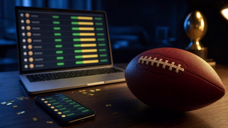 Football on a desk beside a laptop and phone showing blurred fantasy lineup grids, with gold confetti scattered around