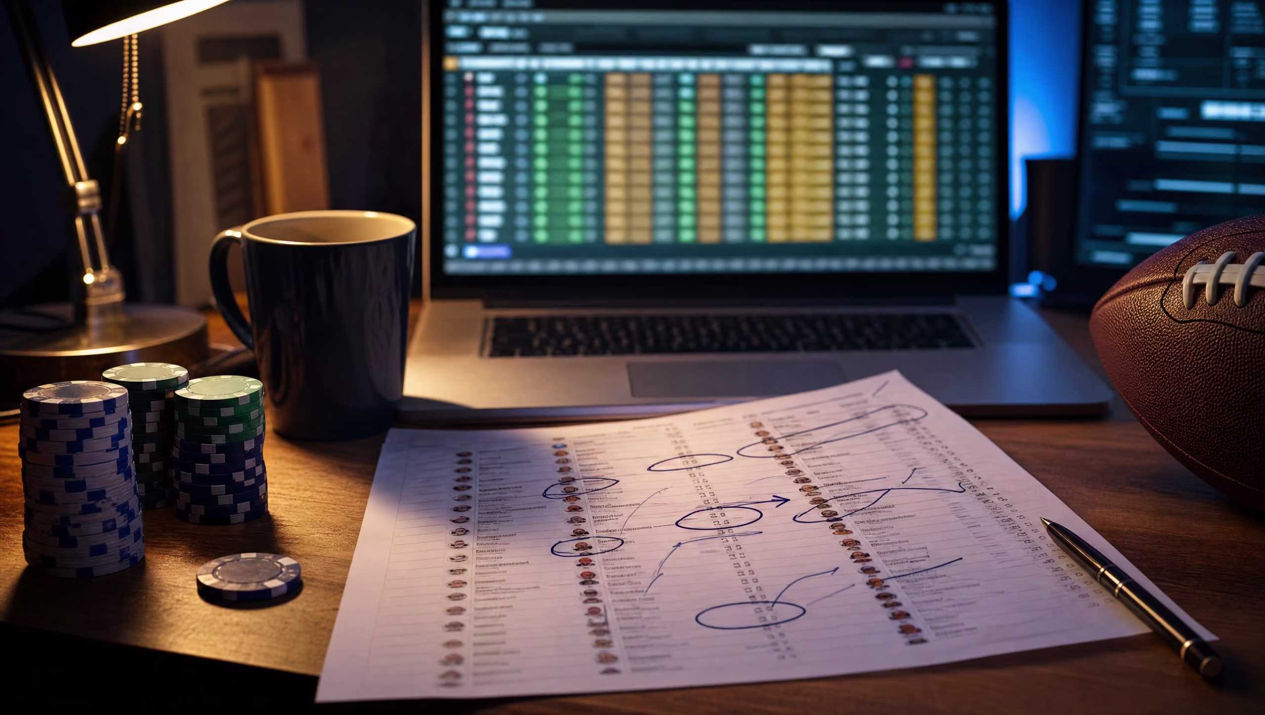 Desk lamp over a marked-up fantasy lineup sheet, poker chips, a football and a laptop showing a lineup grid