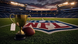 Gold trophy with a blank price tag and a football beside the NFL shield logo at midfield of an empty stadium at dusk
