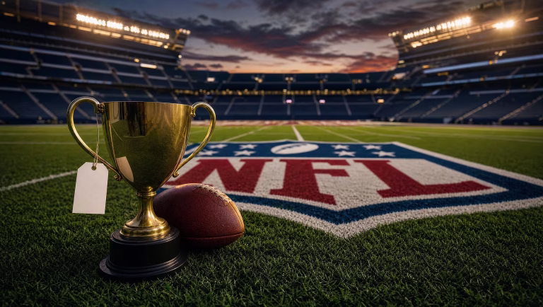 Gold trophy with a blank price tag and a football beside the NFL shield logo at midfield of an empty stadium at dusk