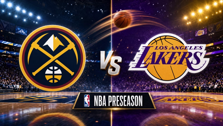 Denver Nuggets vs. Los Angeles Lakers preseason matchup graphic with both team logos